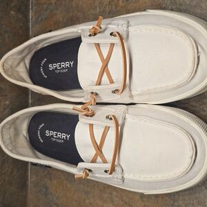 Sperry Womens White and Tan Boat Shoes